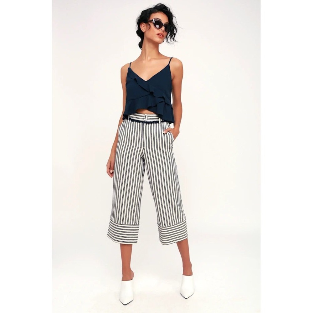 Moon River Pants Womens S Blue White Striped Wide Leg Culottes Nautical Coastal
